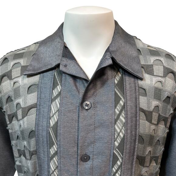 Michael Irvin 88 Shirt Sz M Silver Silk Blend Button Up Textured Geometric Retro - Picture 2 of 9